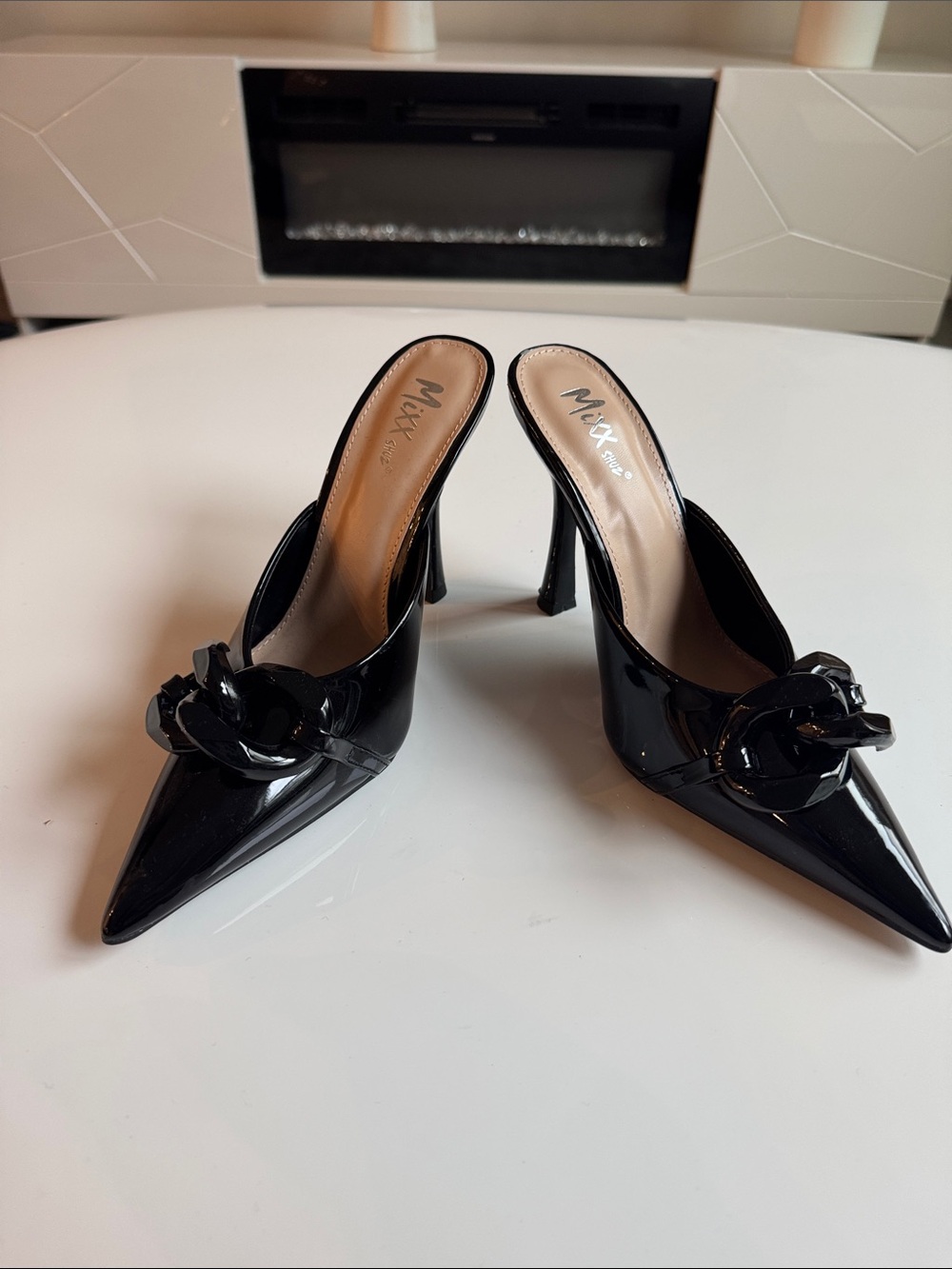 Mix No. 6 Black Patent Pointed-Toe Chain-Accent Mule Heels